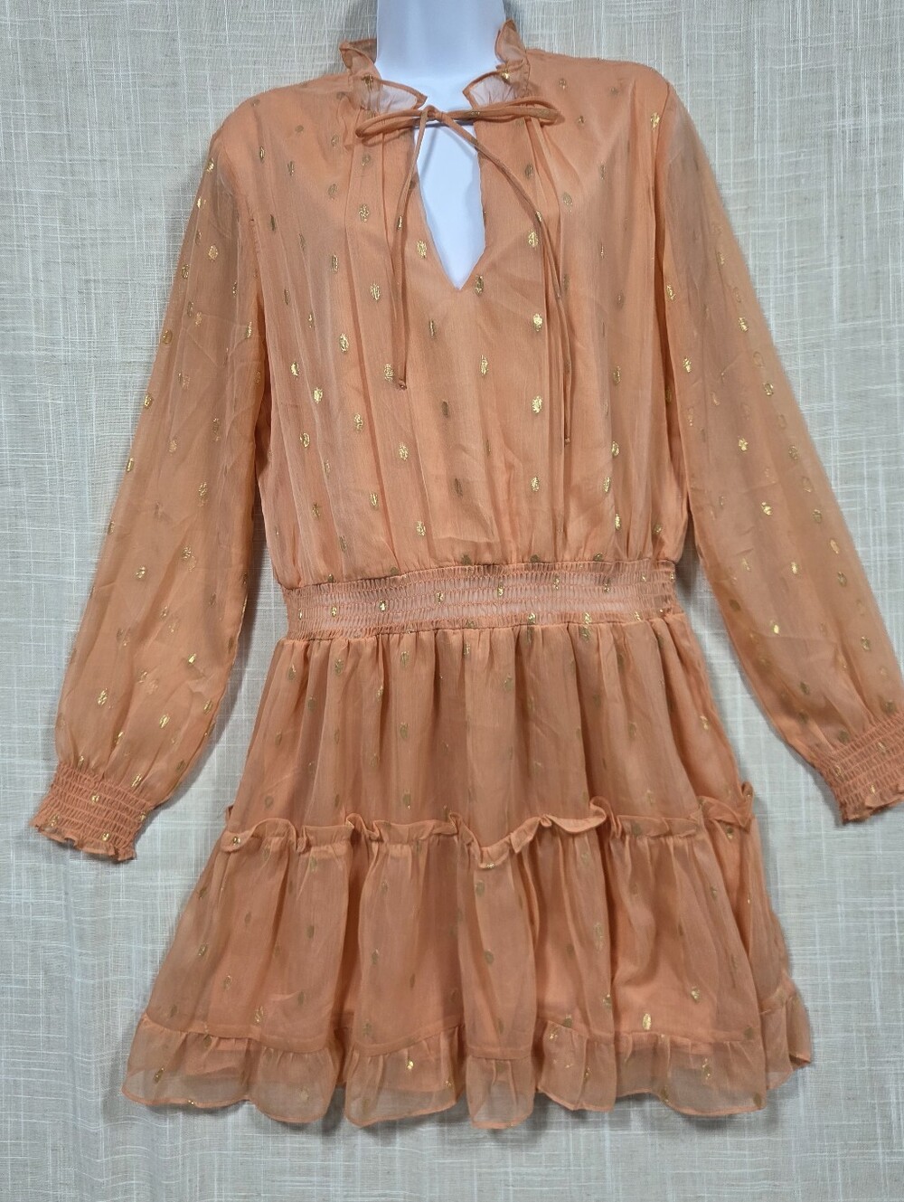 NSR Peach Orange Metallic Gold Dot Long Sleeve Tiered Ruffle Dress Size L